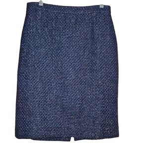 J Crew Blue/Black/Silver Wool Blend Plaid Tweed Pencil Knee Length Skirt Size 0
